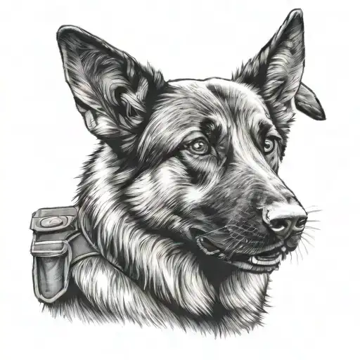 A Realistic Black And Grey Portrait Of A German Shepherd Dog Wearing A Tactical Airsoft Vest