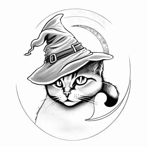 Witch With Hat And Cat With The Moon Behind