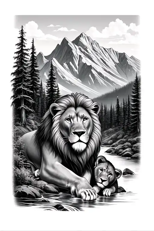 Lion Protecting His Cub With Steep Mountains In The Background With A Flowing River And Trees