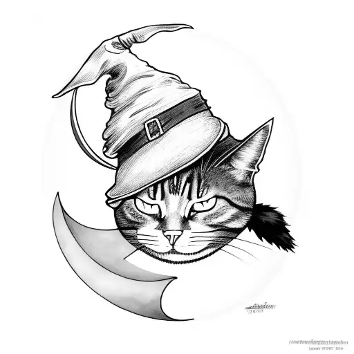 Witch With Hat And Cat With The Moon Behind