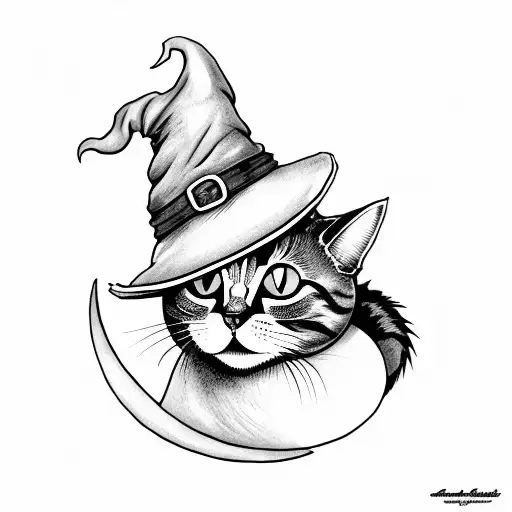 Cat With A Witches Hat And The Moon