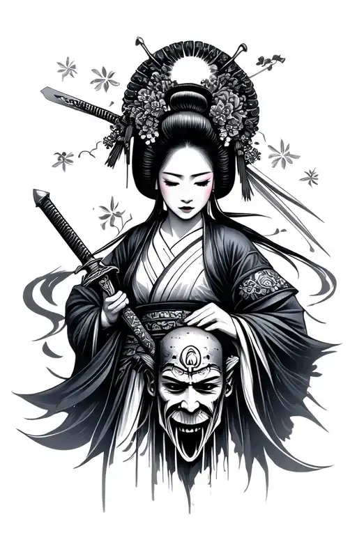 Geisha Holding A Sword And Severed Samurai Head