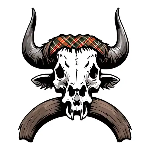 Highland Coo Skull With Tartan Strip On Horn Skull