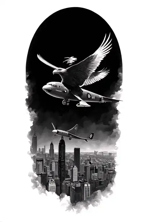 Eagle And Spitfire Plane Flying Next To Each Other Over Dark City Skyline