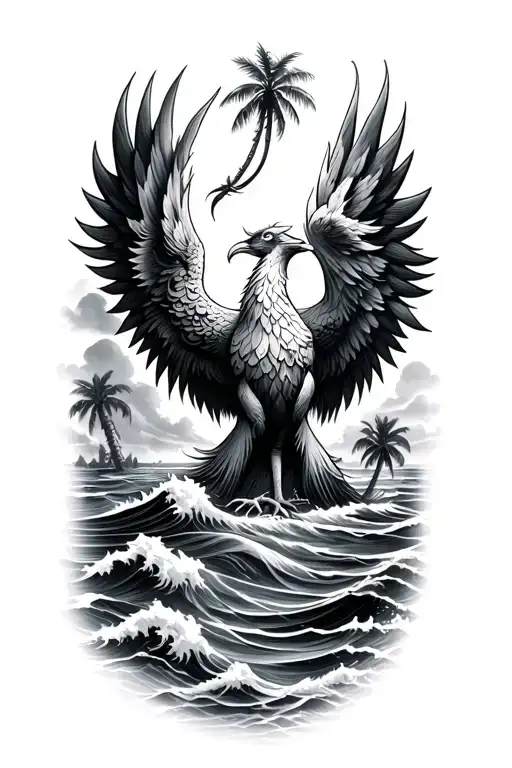 Phoenix Rising And Palm Trees And Waves