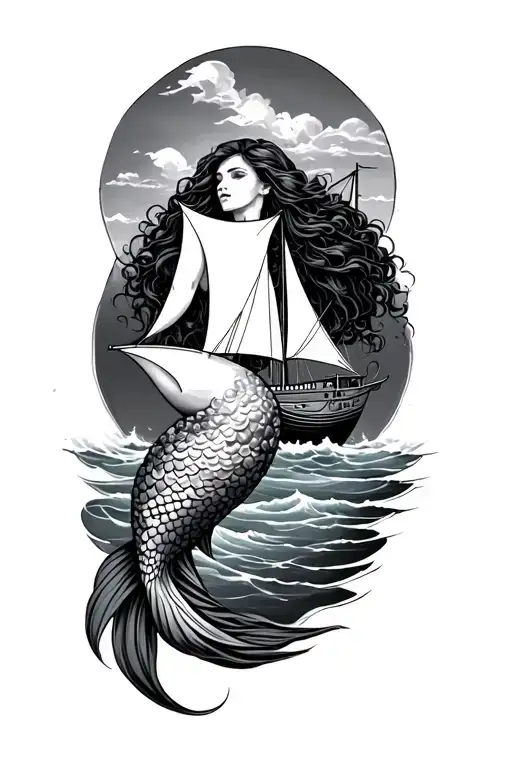 Ocean Sleeve With Mermaid And Sail Boat
