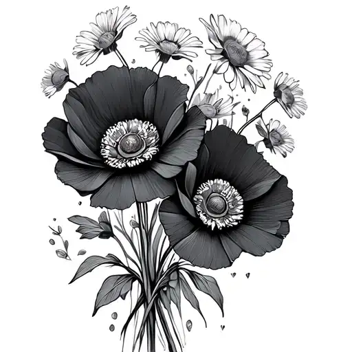 Poppys And Daisies Bouquet Fine Line