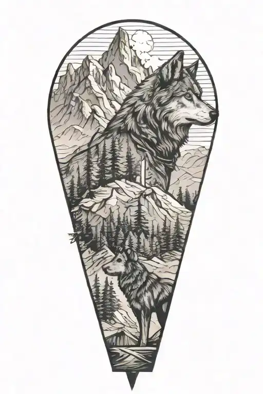 Mountains And A Tourist In Profile And A Wolf