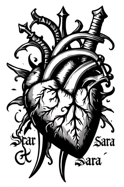 Heart With Dagger Piercing Sara Written Vertically