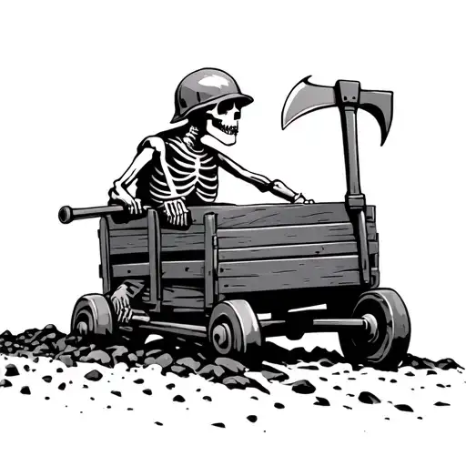 Skeleton In Coal Mine Cart Driving Fast With Miners Helmet On Holding A Pick Axe