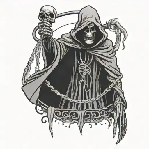 Grim Reaper With Hand Out Holding Strings Connected To Human Puppet