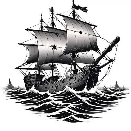 Pirate Ship Cannons Rough Ocean