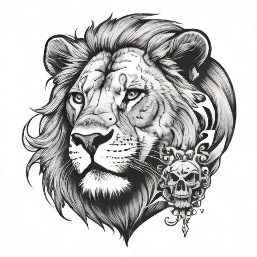 A Lion Looking To The Side With A Skull Under