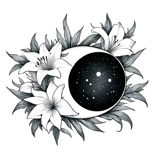 Sun Moon Phase With Easter Lillies Fine Line