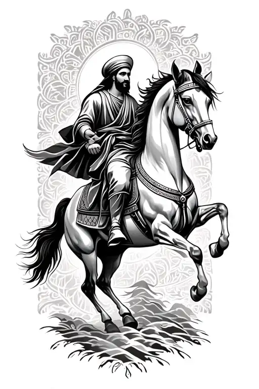Imam Hussain Riding A Majestic Horse In A Traditional Style