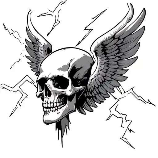 Skull With Wings On Each Side With Lightning In The Background