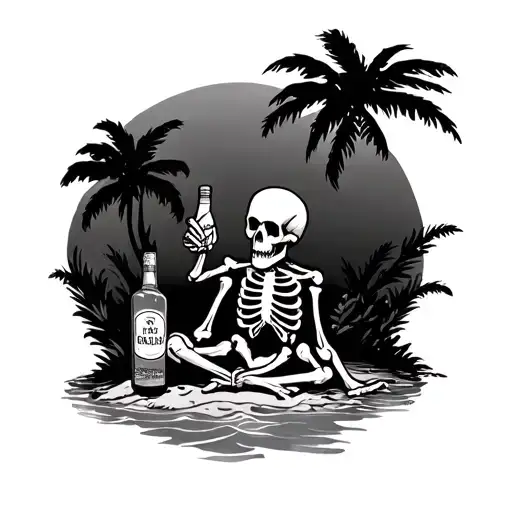 Skeleton On A Desert Island With Rum Bottle In Hand