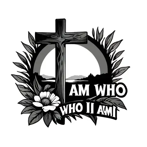 A Cross With Flowers And A Sunset With The Words I Am Who I Am