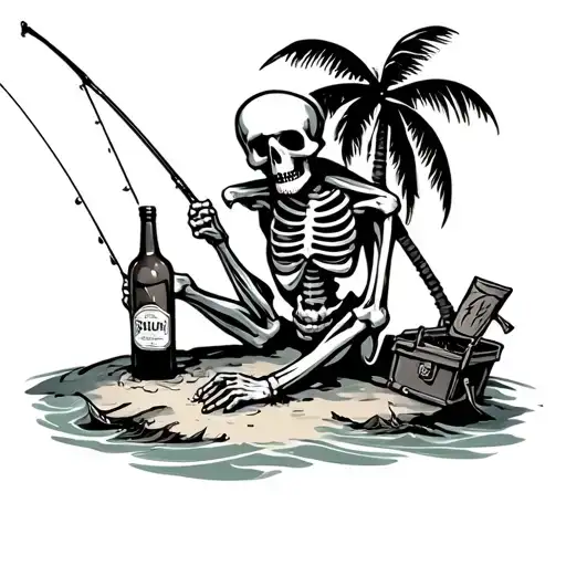 Skeleton On A Desert Island With Rum Bottle In Hand And Deep Sea Fishing Rod With Tackle Box Nearby