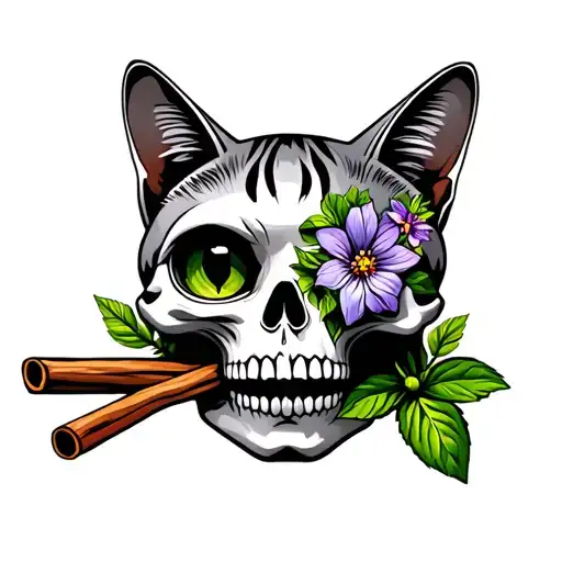 Cat Skull With Cinnamon Stick In Mouth And Basil Flower In Right Eye And Mint Flowers In The Eye