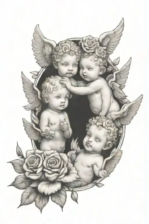 Cute Cherubs Holding Flowers As A Family Tree
