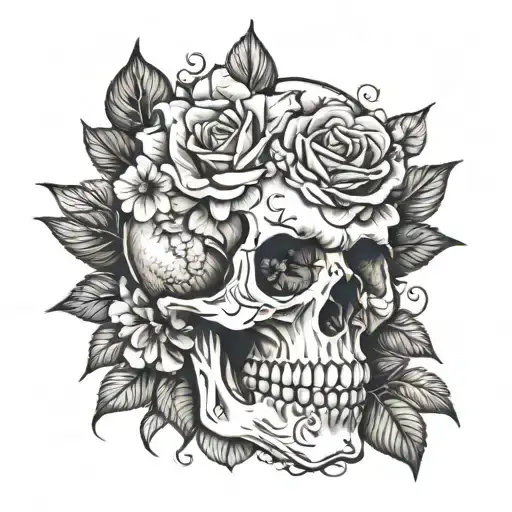 A Black And Grey Tattoo Of A Skull With Roses And Hydrangeas Growing From It
