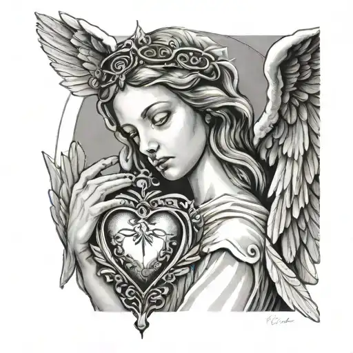 A Guardian Angel Holding A Sacred Heart While Looking Into A Female Eye