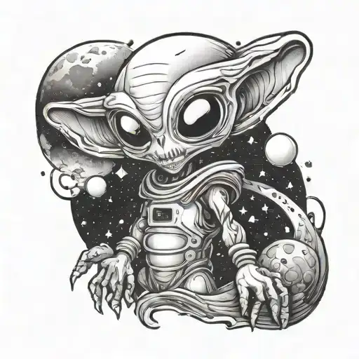 A Cute Alien In Unfamiliar Surroundings With Galaxies And The Moon Behind