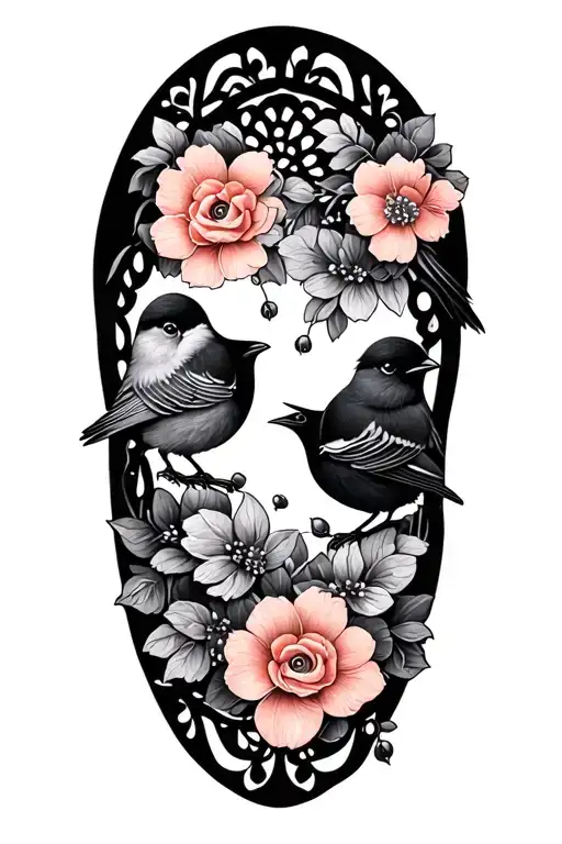 Cute Small Birds With Floral Lace In Background