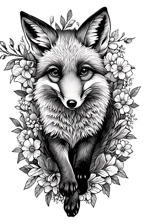 Floral Lace Background With Fox Running Through Forest