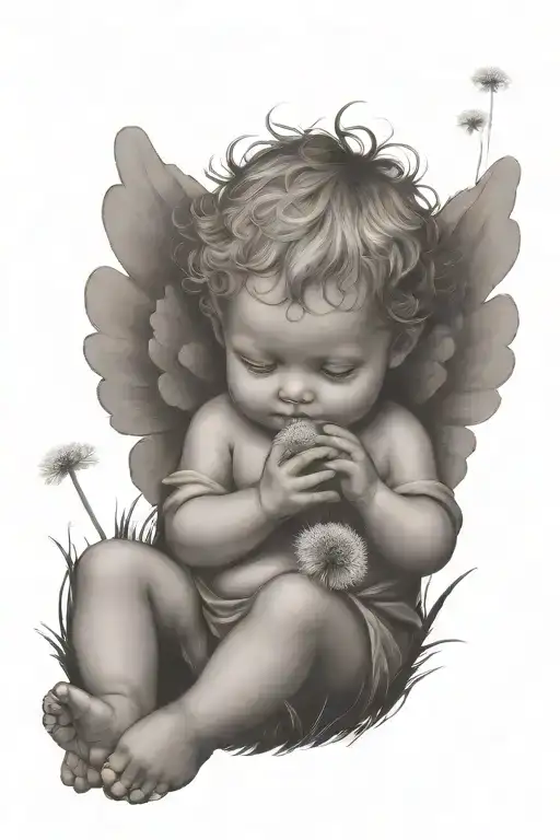Cute Cherub Holding A Dandelion Flower And The Cherub Is Sitting In A Field