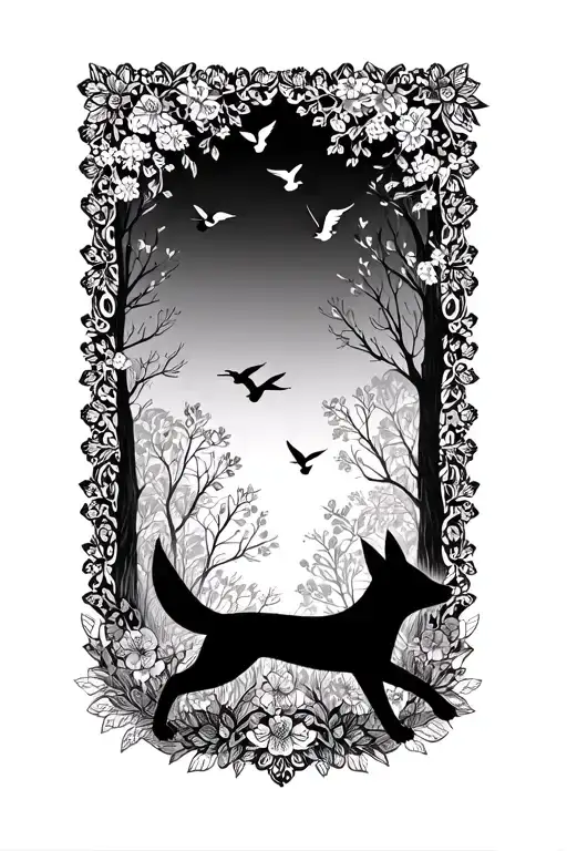 Floral Lace Background With Small Fox Running Through Forest And Birds Flying Above