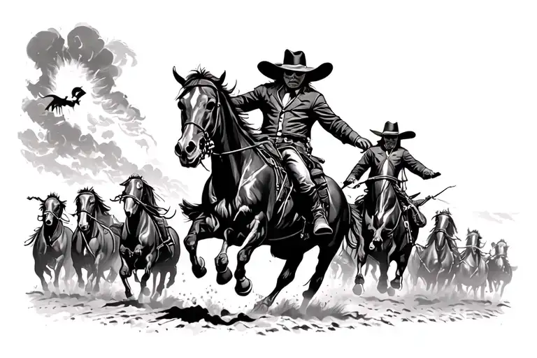 Cowboy With Ghost Riders Chasing A Herd
