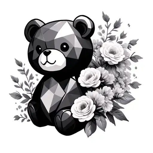 Geometric Teddy Bear Standing Tall Around Flowers