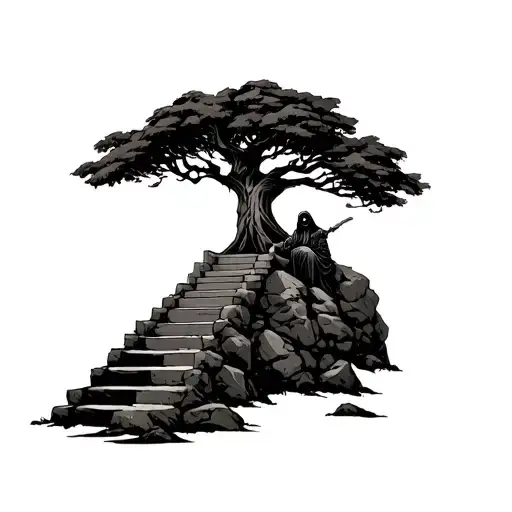 Grim Reaper At The End Of A Stairway Tree On Rocks