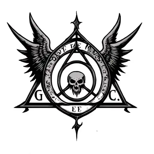 Deathly Hallows Symbol With A Winged Death And The Letters G E M C Inside Of It