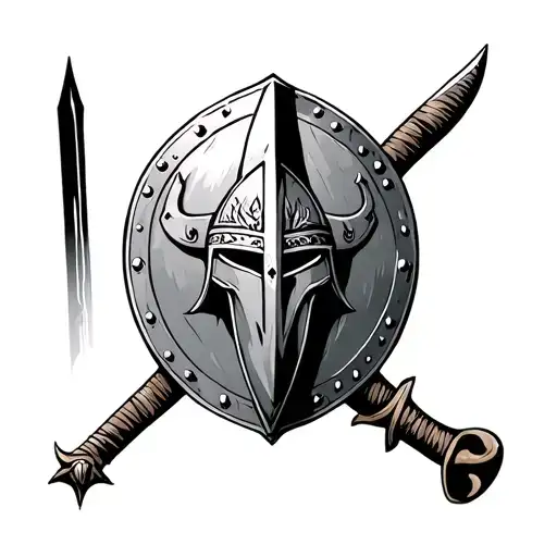 Viking Shield And Helmet With Sword Separating The Two