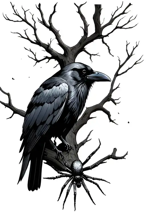 Raven On Tree With Spider