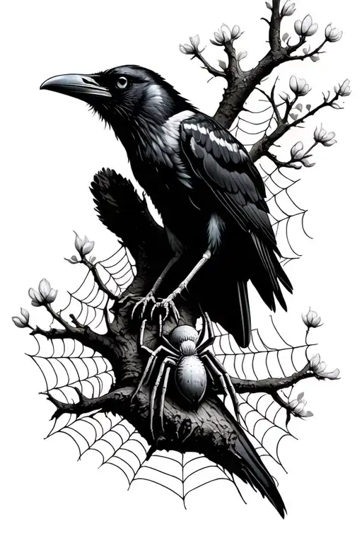 Raven On Tree With Spider Weaving A Web Between Flours