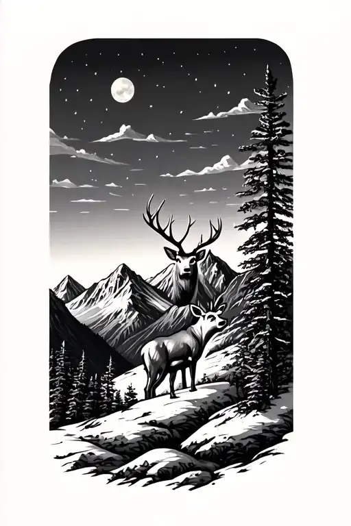 Mountains And Deer