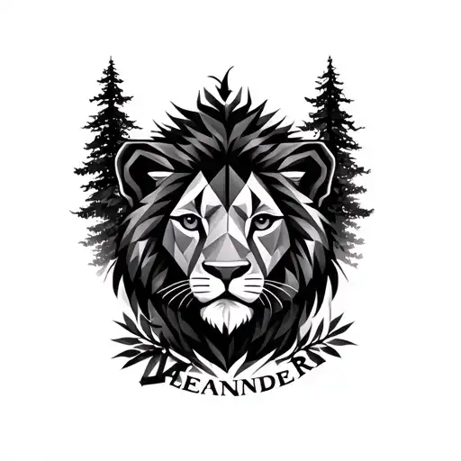 Geometric Lion Cub Face Surrounded By Trees And Bushes With Alexander Written Under It