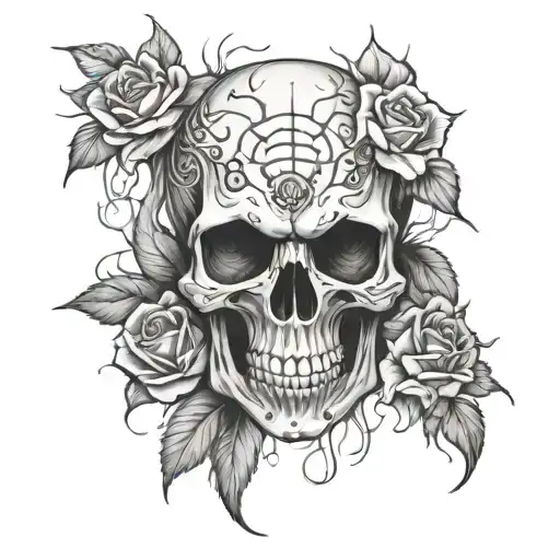 Skull With Roses And Demons With Cobwebs In The Background