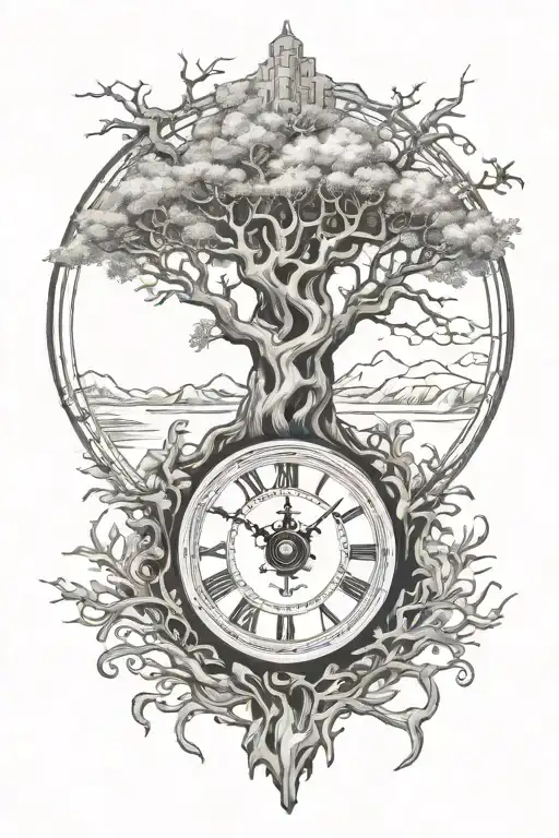 Yggdrasil With An Old Time Clock Behind It