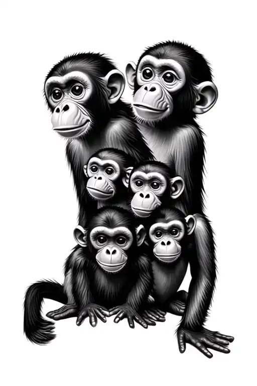 Mum Monkey And 4 Baby Monkey