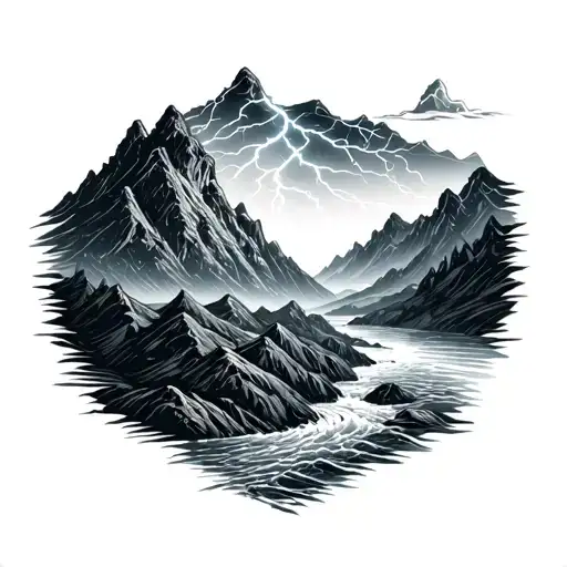 Mountain Peak With Lighting Storm River Flowing