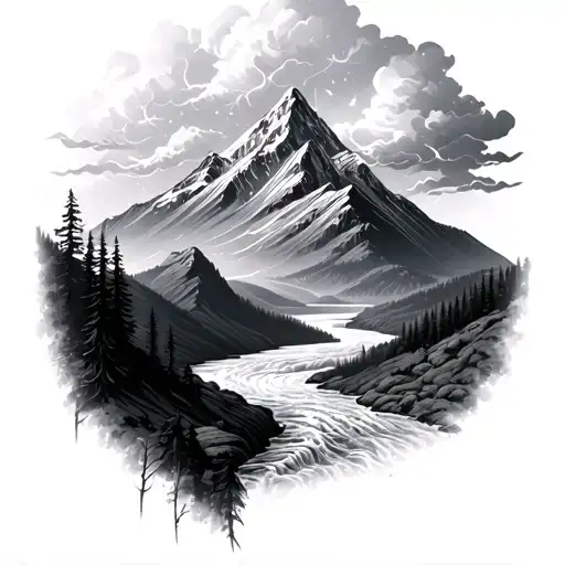 Mountain Peak With Cloud Lighting Storm River Flowing Realistic