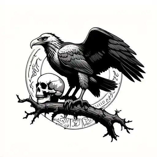 Eagle On Branch With Skull Surrounding