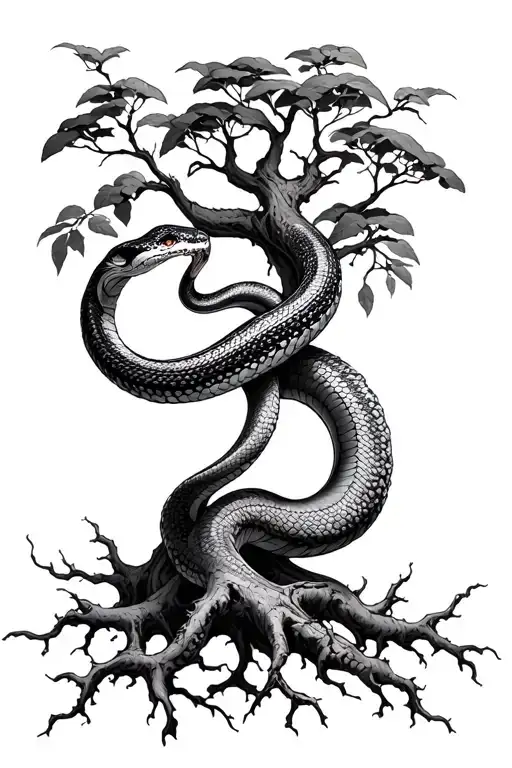 Snake Intertwined With Tree Roots Growing