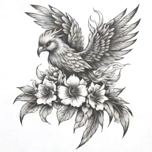 Thigh Tattoo Phoenix Flying With Tropical Flowers Around It