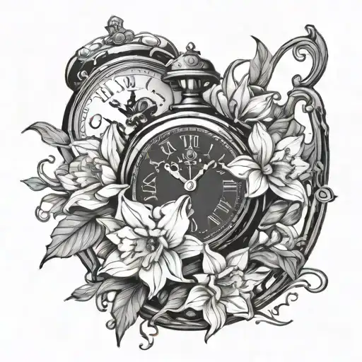 Daffodils Surrounding A Vintage Clock With A Whisky Glass Placed In Front